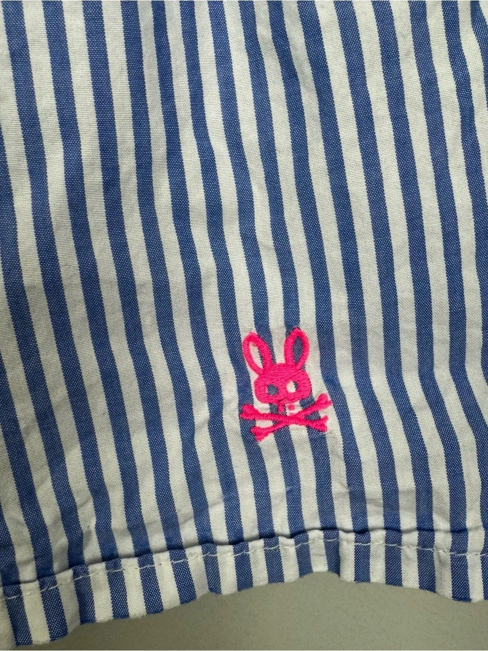 PSYCHO BUNNY | Blue White Stripe Boxer Style Shorts Neon Logo Men’s Size XL